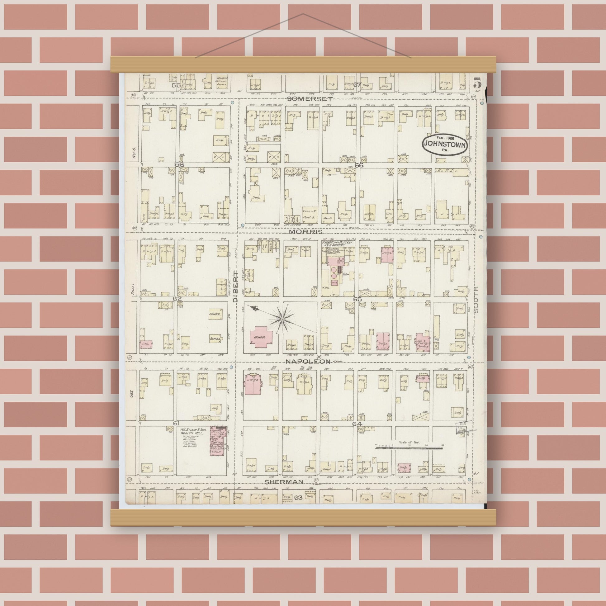 Old map wall art mockup — magnetic wood frame on brick wall — Sanborn Fire Insurance Map from Johnstown, Cambria County, Pennsylvania (1886), Sheet #0005