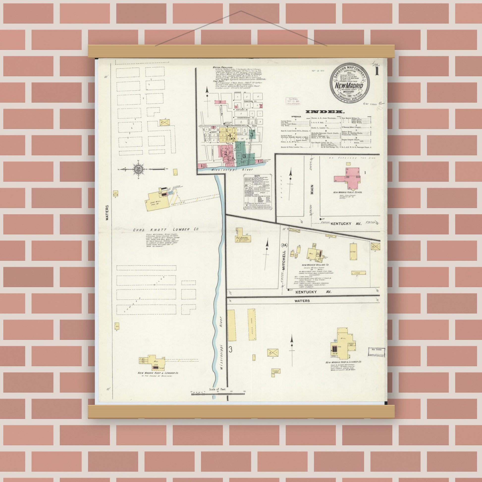 Old map wall art mockup — magnetic wood frame on brick wall — Sanborn Fire Insurance Map from New Madrid, New Madrid County, Missouri (1911), Sheet #0001
