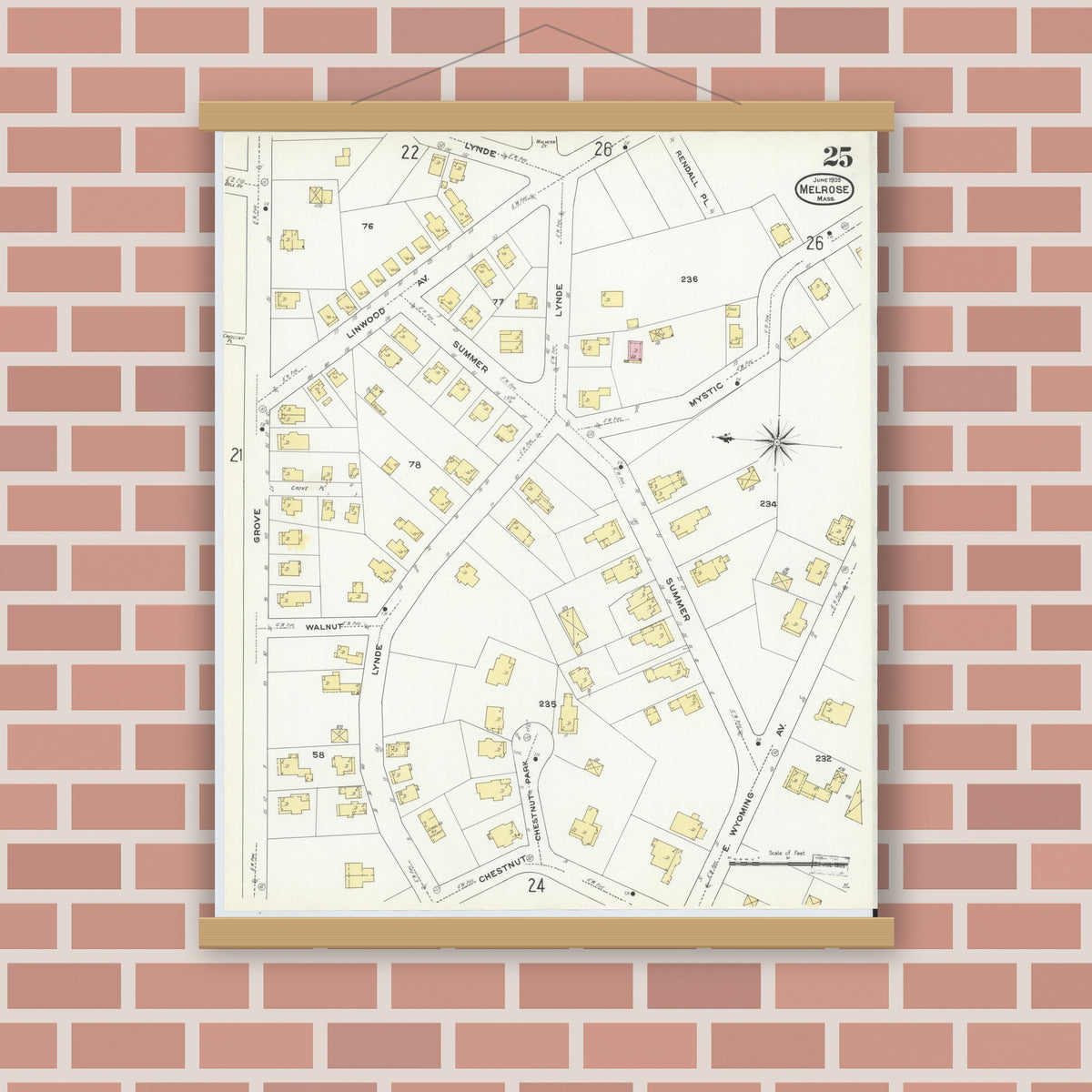 Old map wall art mockup — magnetic wood frame on brick wall — Sanborn Fire Insurance Map from Melrose, Middlesex County, Massachusetts (1909), Sheet #0025