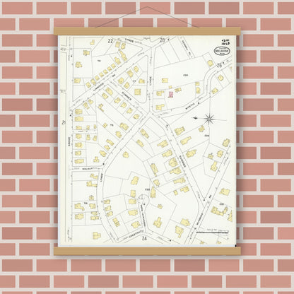 Old map wall art mockup — magnetic wood frame on brick wall — Sanborn Fire Insurance Map from Melrose, Middlesex County, Massachusetts (1909), Sheet #0025