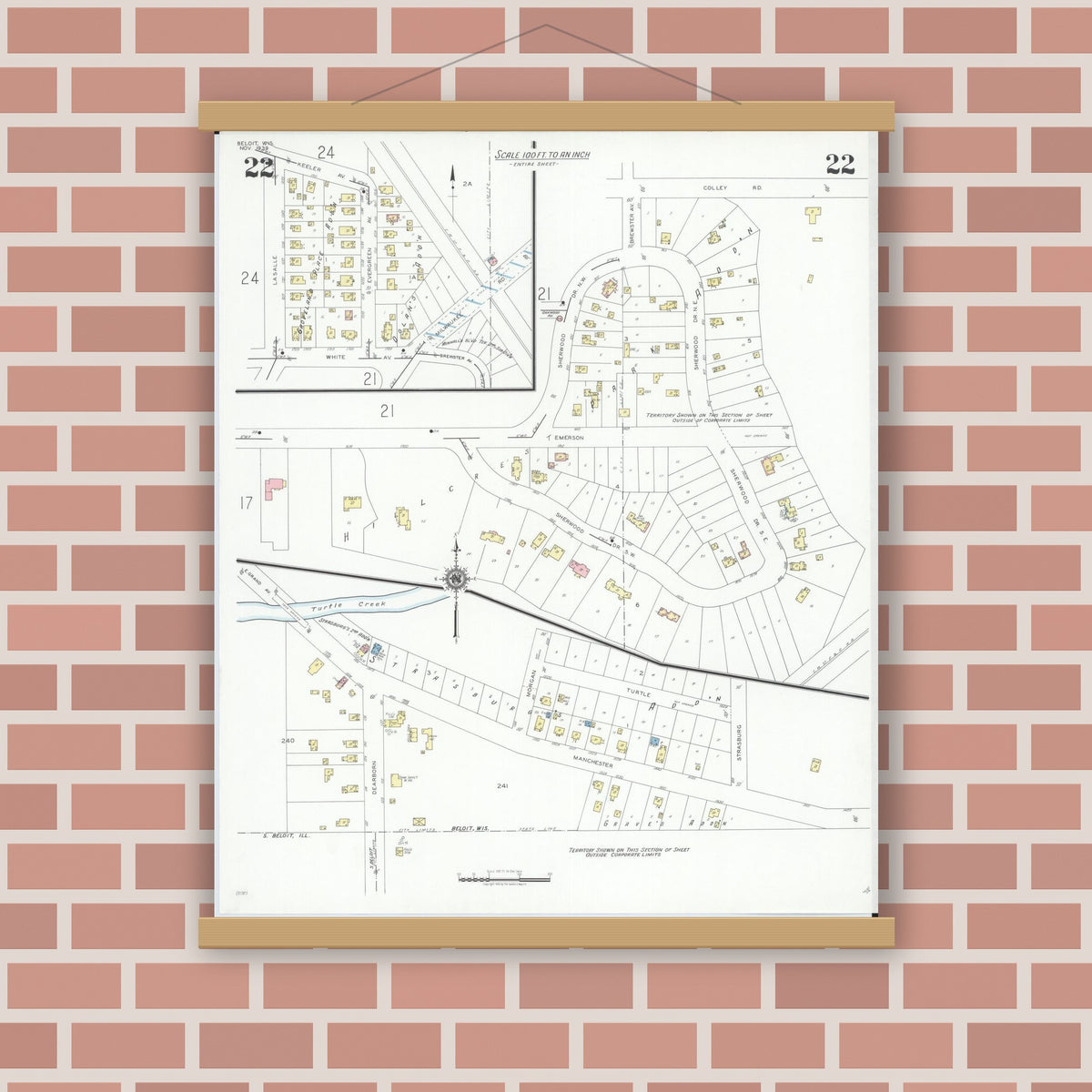 Old map wall art mockup — magnetic wood frame on brick wall — Sanborn Fire Insurance Map from Beloit, Rock County, Wisconsin (1939), Sheet #0022