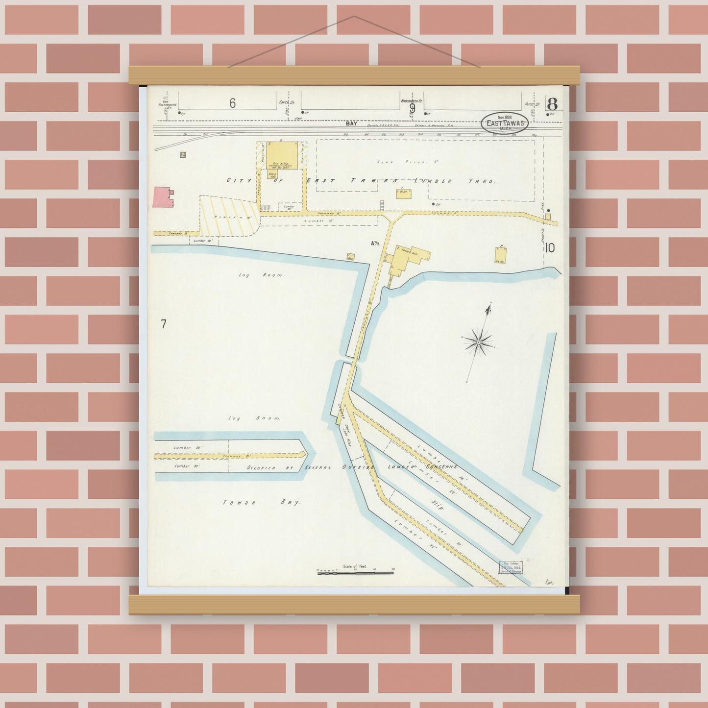 Old map wall art mockup — magnetic wood frame on brick wall — Sanborn Fire Insurance Map from East Tawas, Iosco County, Michigan (1898), Sheet #0008