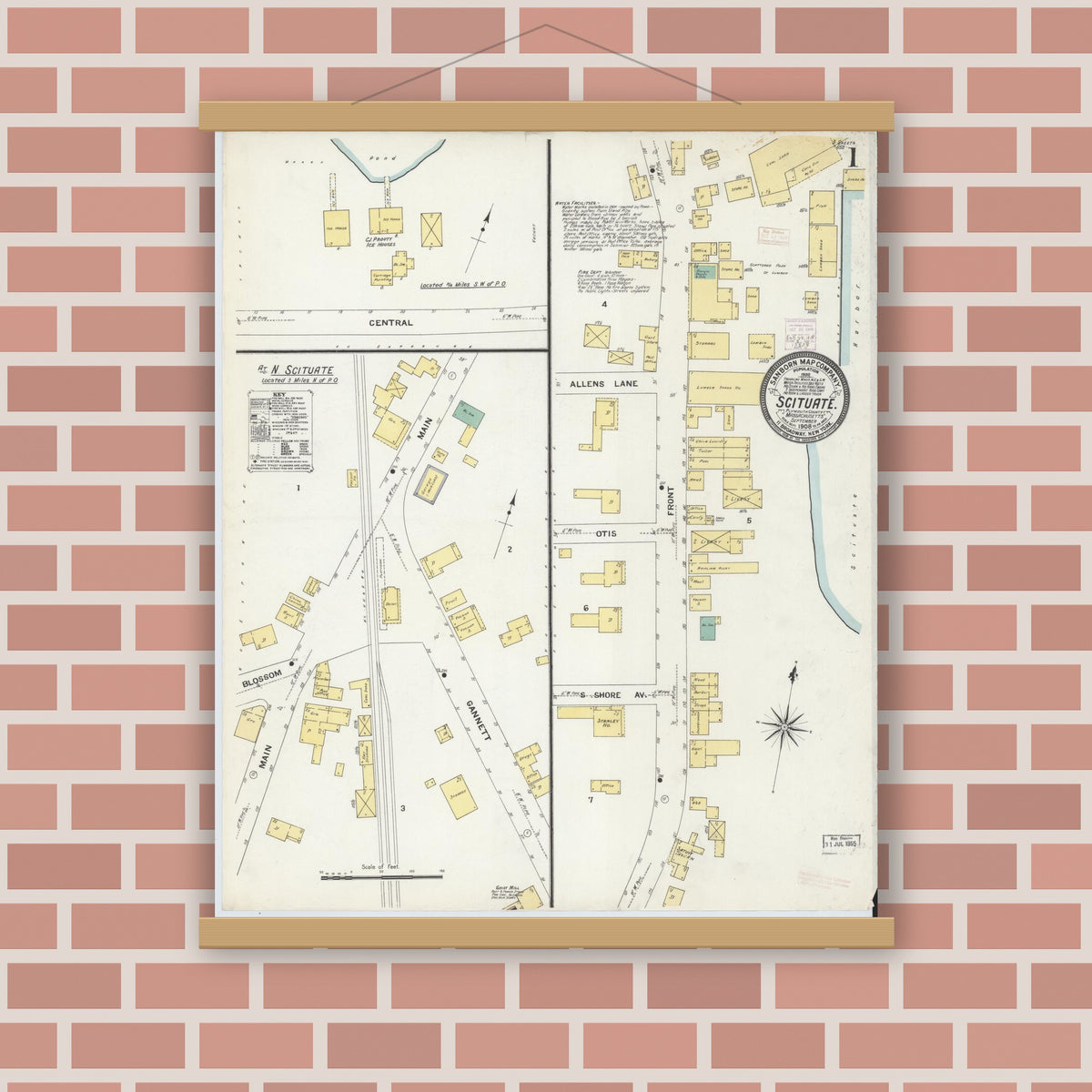 Old map wall art mockup — magnetic wood frame on brick wall — Sanborn Fire Insurance Map from Scituate, Plymouth County, Massachusetts (1908) - Complete Map Set