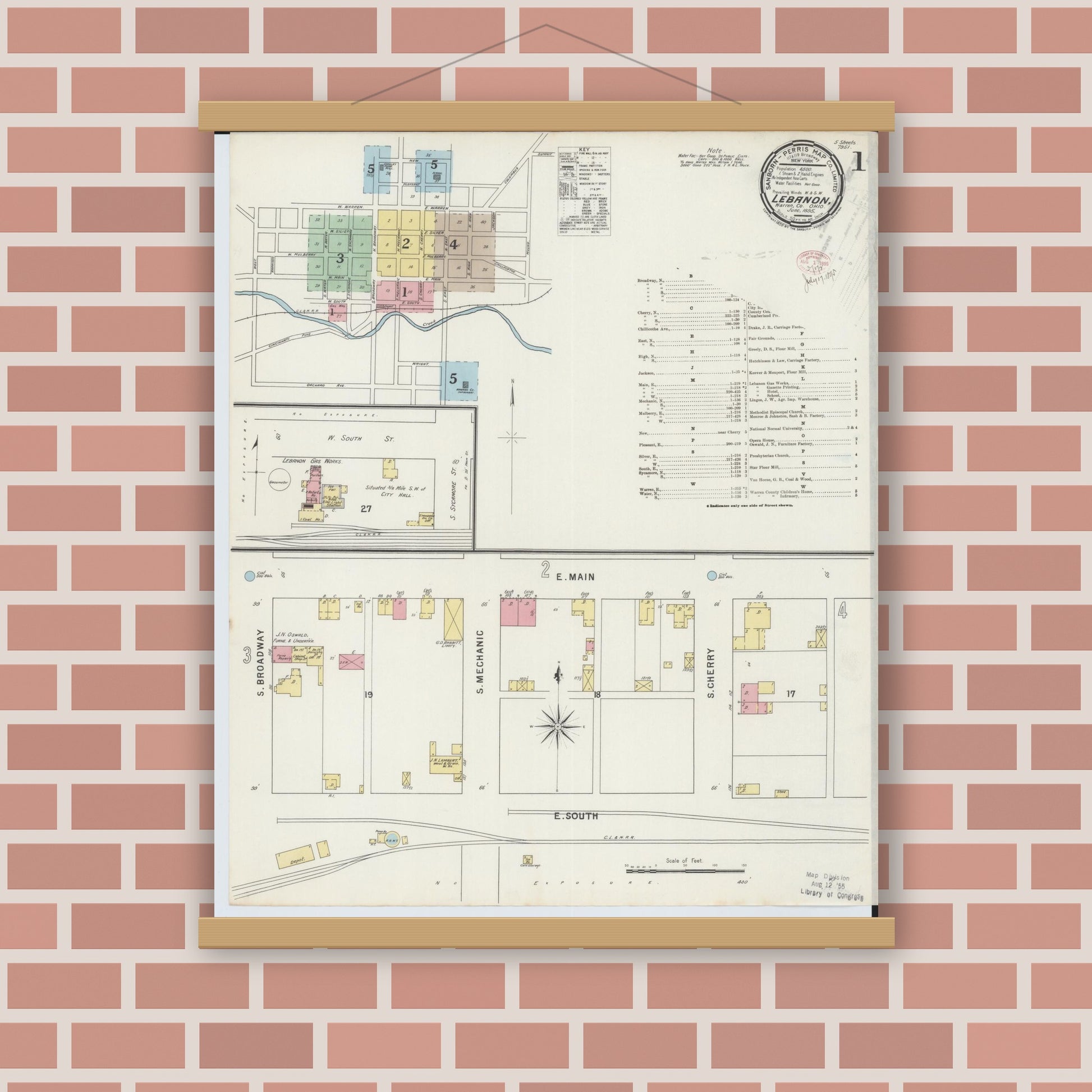 Old map wall art mockup — magnetic wood frame on brick wall — Sanborn Fire Insurance Map from Lebanon, Warren County, Ohio (1895), Sheet #0001