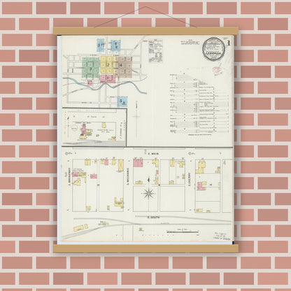 Old map wall art mockup — magnetic wood frame on brick wall — Sanborn Fire Insurance Map from Lebanon, Warren County, Ohio (1895), Sheet #0001