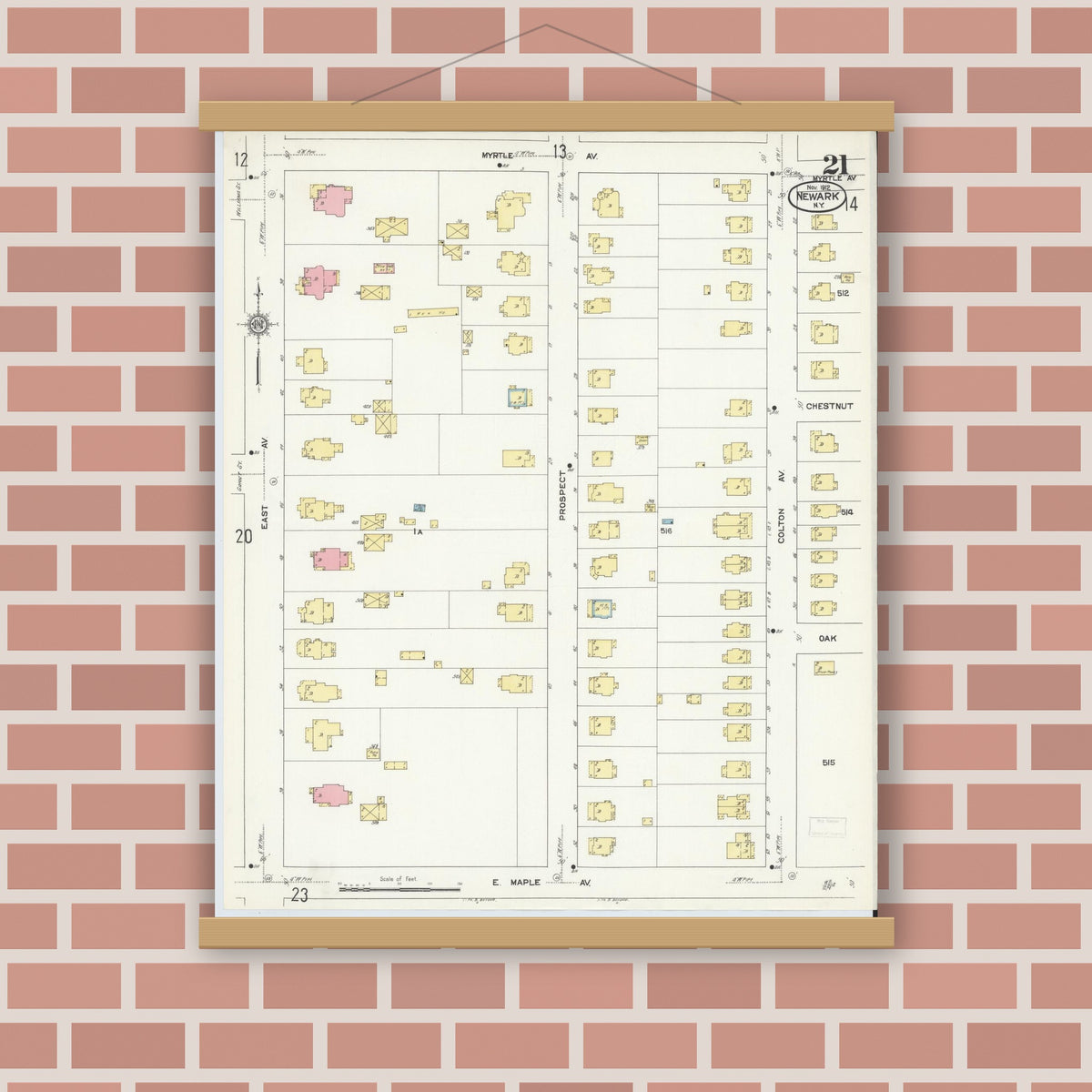 Old map wall art mockup — magnetic wood frame on brick wall — Sanborn Fire Insurance Map from Newark, Wayne County, New York (1912), Sheet #0021