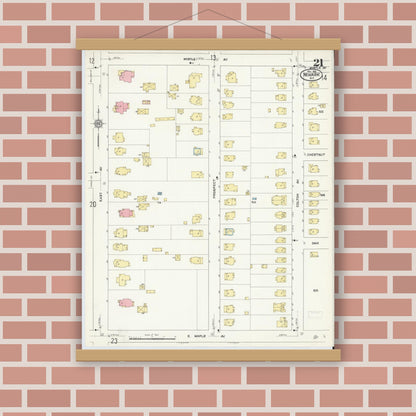 Old map wall art mockup — magnetic wood frame on brick wall — Sanborn Fire Insurance Map from Newark, Wayne County, New York (1912), Sheet #0021