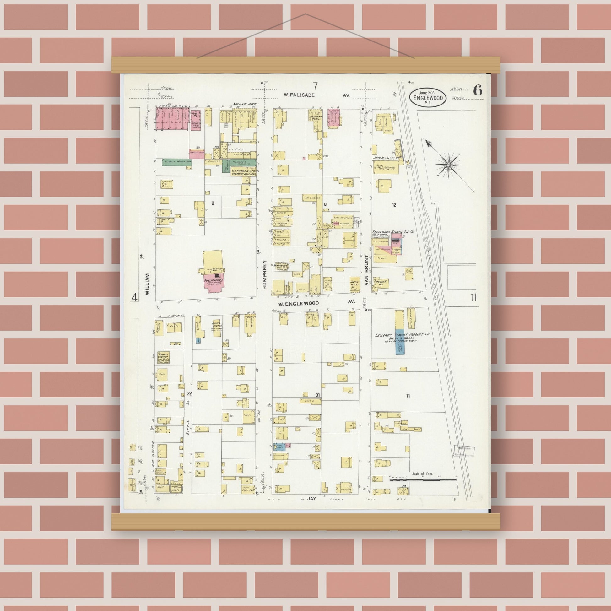 Old map wall art mockup — magnetic wood frame on brick wall — Sanborn Fire Insurance Map from Englewood, Bergen County, New Jersey (1908), Sheet #0006