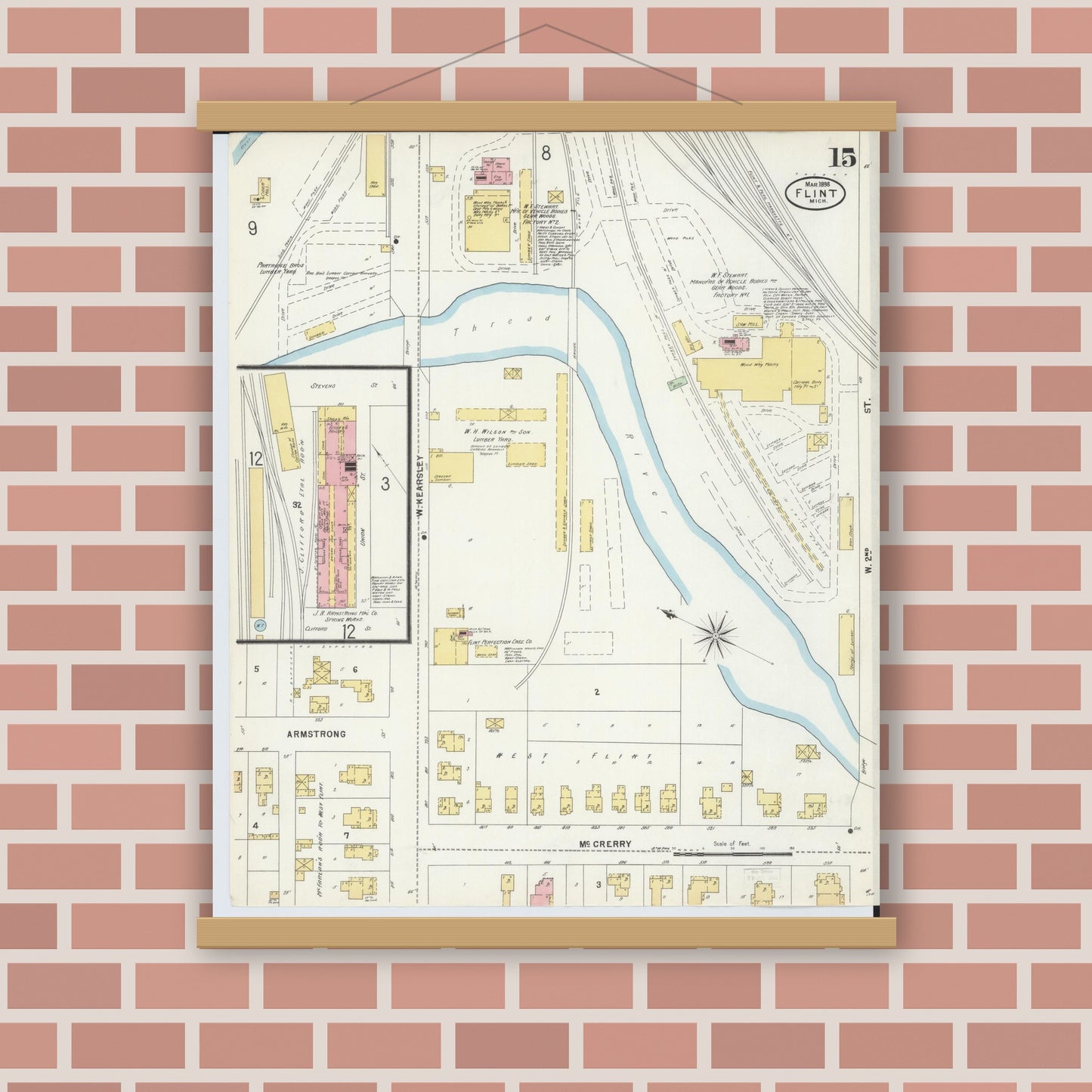 Old map wall art mockup — magnetic wood frame on brick wall — Sanborn Fire Insurance Map from Flint, Genesee County, Michigan (1898), Sheet #0015