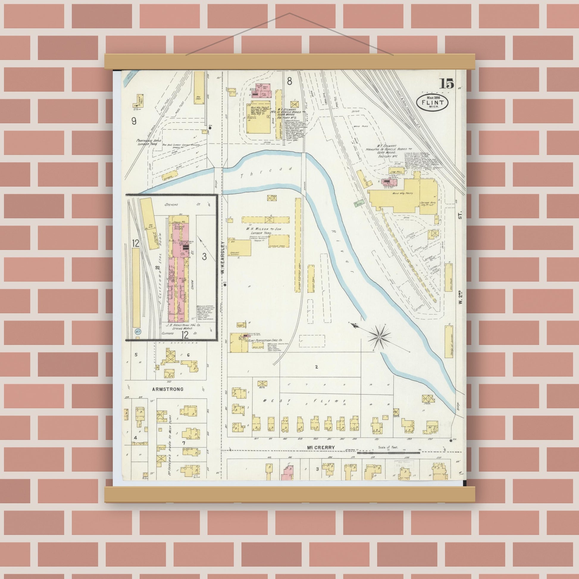 Old map wall art mockup — magnetic wood frame on brick wall — Sanborn Fire Insurance Map from Flint, Genesee County, Michigan (1898), Sheet #0015
