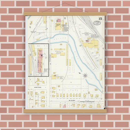 Old map wall art mockup — magnetic wood frame on brick wall — Sanborn Fire Insurance Map from Flint, Genesee County, Michigan (1898), Sheet #0015