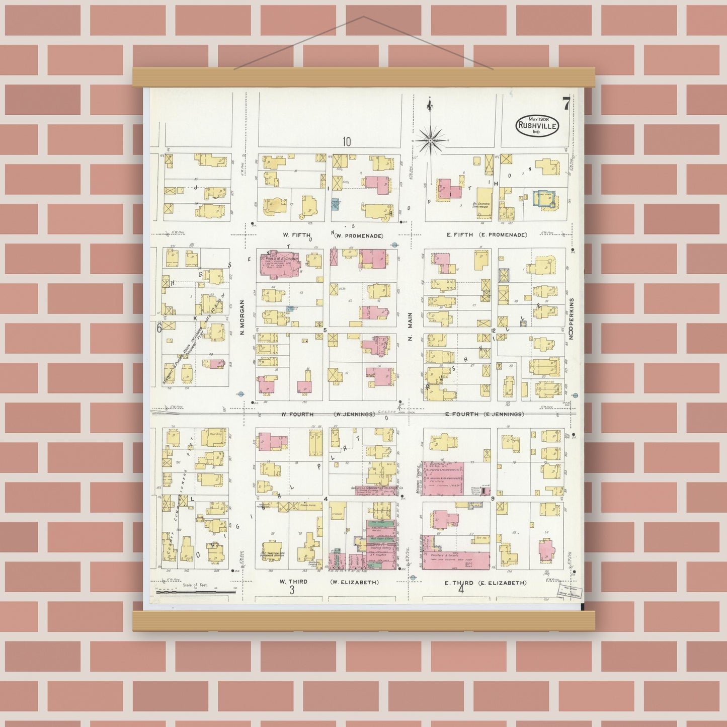 Old map wall art mockup — magnetic wood frame on brick wall — Sanborn Fire Insurance Map from Rushville, Rush County, Indiana (1908), Sheet #0007