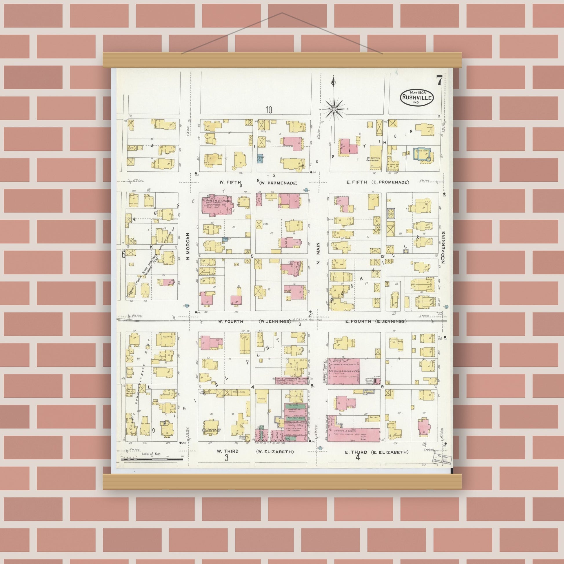 Old map wall art mockup — magnetic wood frame on brick wall — Sanborn Fire Insurance Map from Rushville, Rush County, Indiana (1908), Sheet #0007
