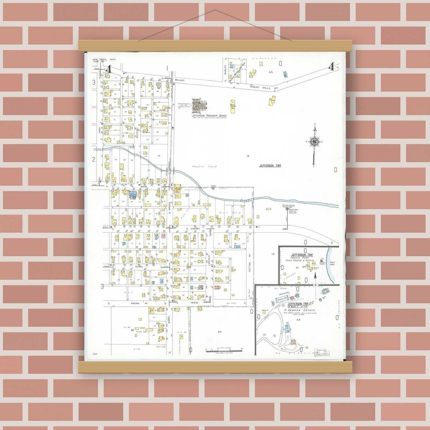 Old map wall art mockup — magnetic wood frame on brick wall — Sanborn Fire Insurance Map from New Paris, Preble County, Ohio (1951), Sheet #0004