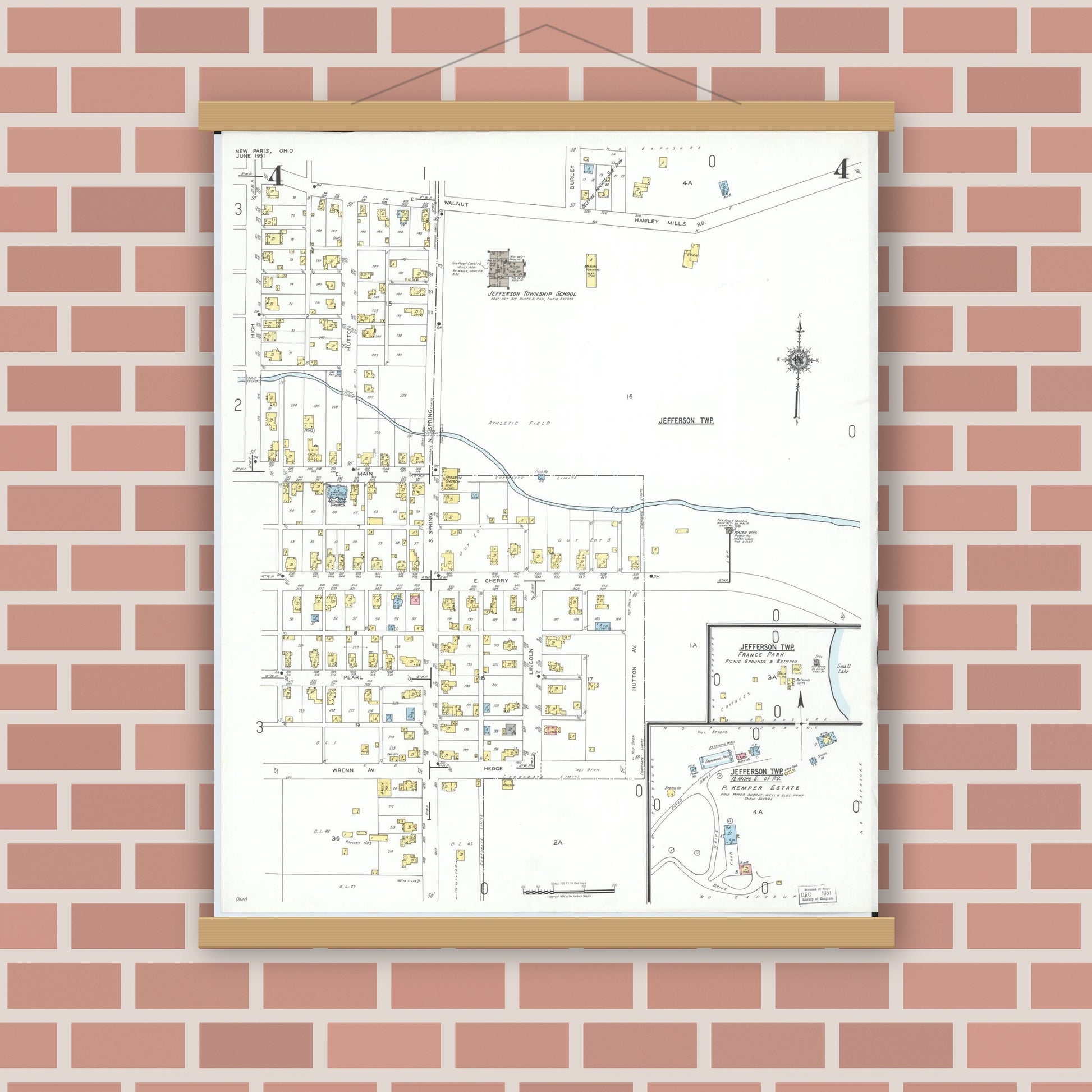 Old map wall art mockup — magnetic wood frame on brick wall — Sanborn Fire Insurance Map from New Paris, Preble County, Ohio (1951), Sheet #0004