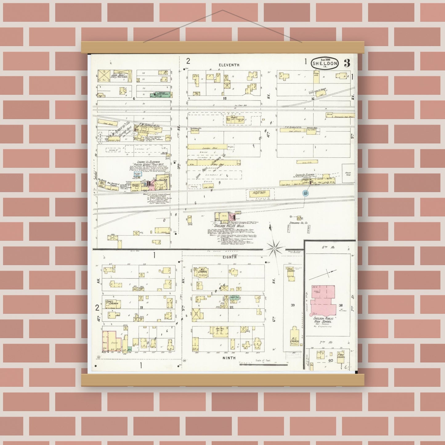 Old map wall art mockup — magnetic wood frame on brick wall — Sanborn Fire Insurance Map from Sheldon, O'Brien County, Iowa (1896), Sheet #0003