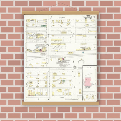 Old map wall art mockup — magnetic wood frame on brick wall — Sanborn Fire Insurance Map from Sheldon, O'Brien County, Iowa (1896), Sheet #0003