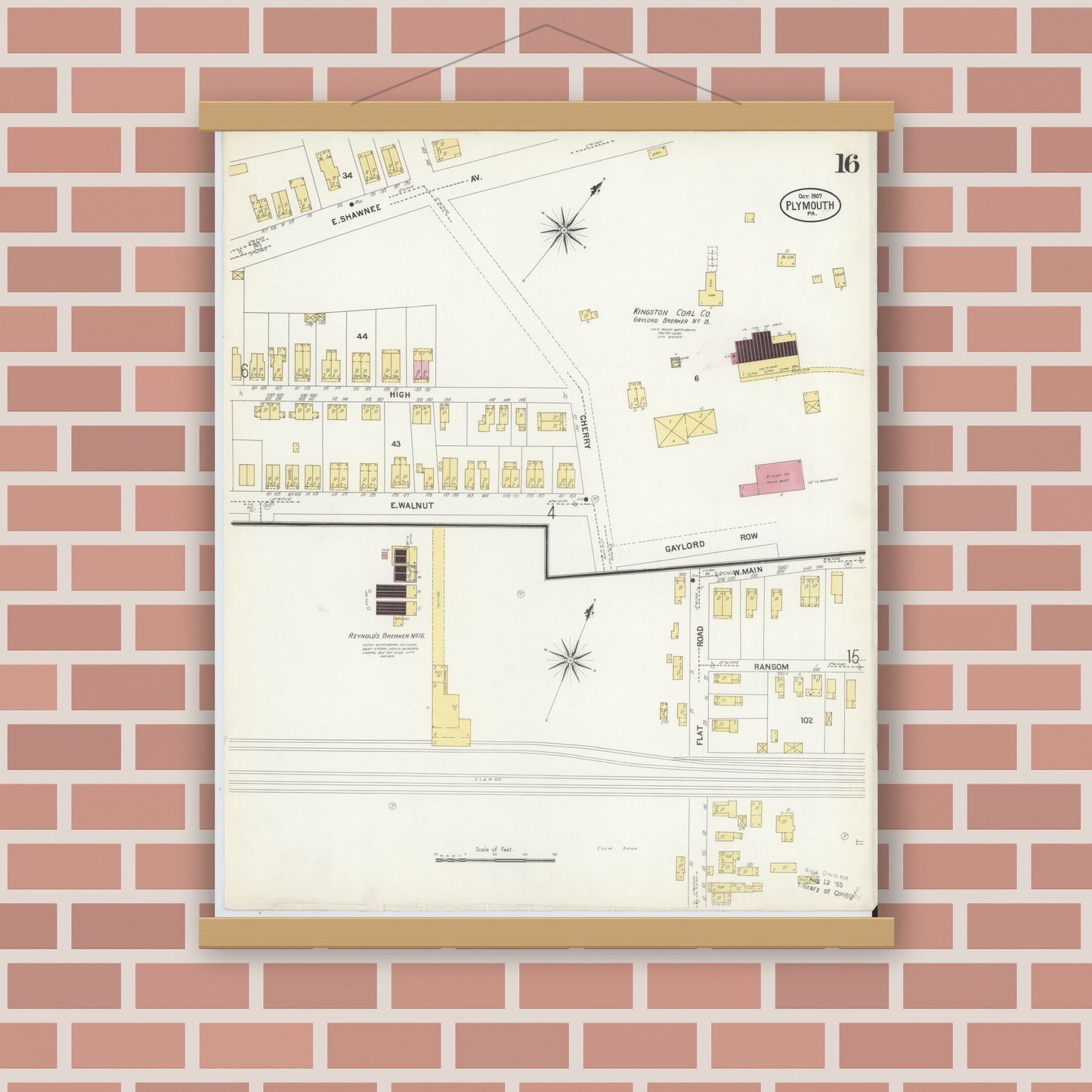 Old map wall art mockup — magnetic wood frame on brick wall — Sanborn Fire Insurance Map from Plymouth, Luzerne County, Pennsylvania (1907), Sheet #0016