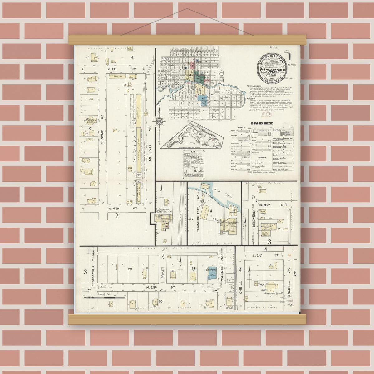 Old map wall art mockup — magnetic wood frame on brick wall — Sanborn Fire Insurance Map from Fort Lauderdale, Broward County, Florida (1914), Sheet #0001