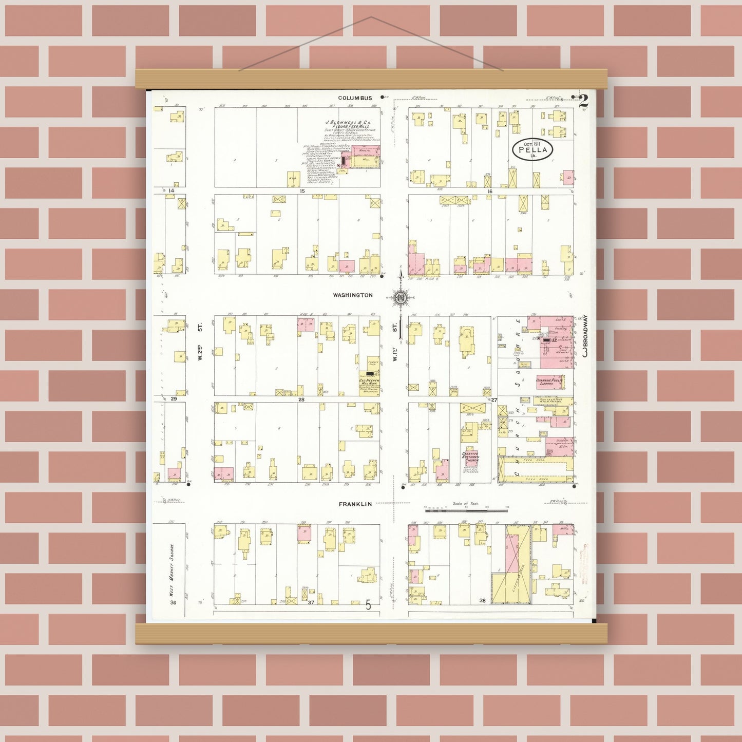 Old map wall art mockup — magnetic wood frame on brick wall — Sanborn Fire Insurance Map from Pella, Marion County, Iowa (1911), Sheet #0002
