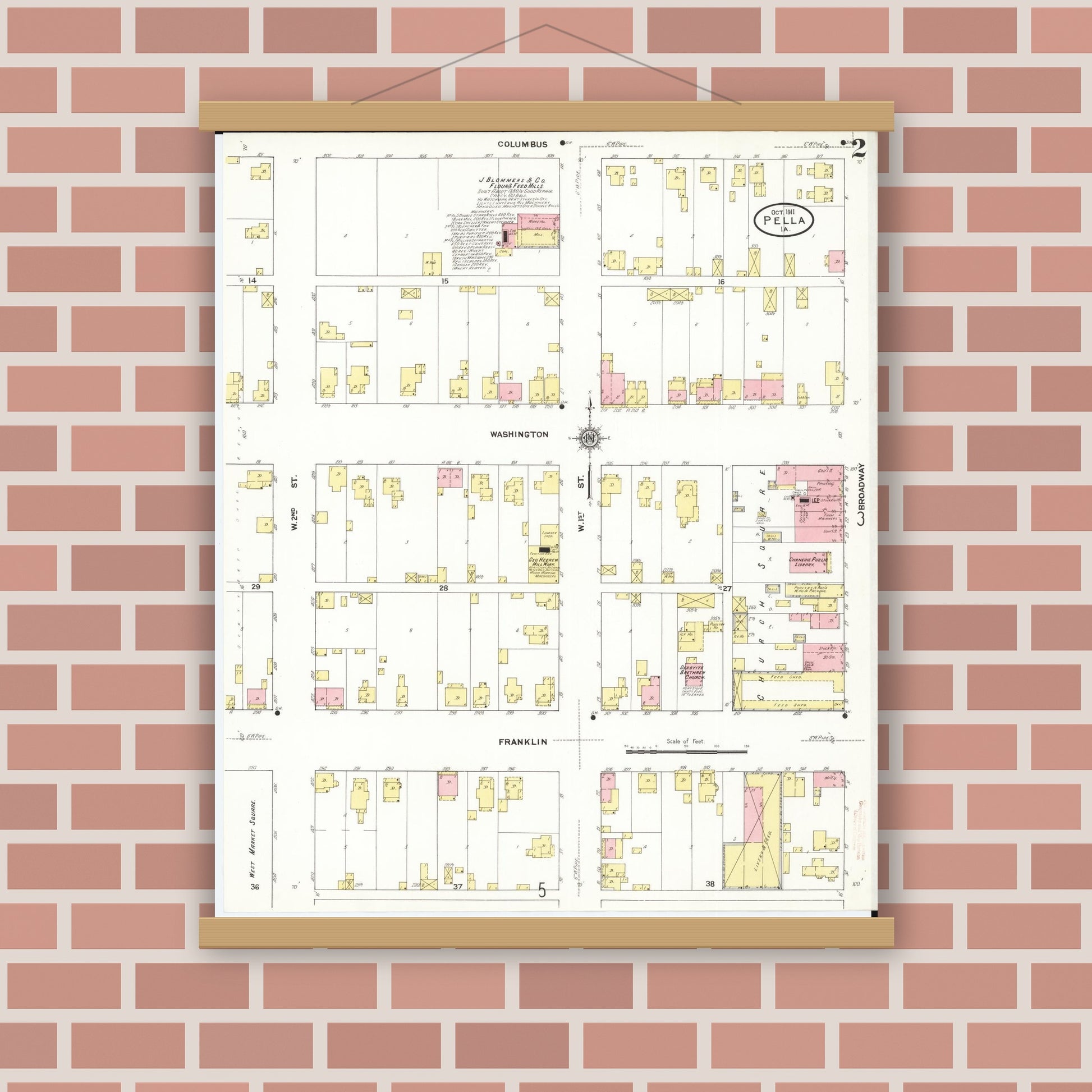 Old map wall art mockup — magnetic wood frame on brick wall — Sanborn Fire Insurance Map from Pella, Marion County, Iowa (1911), Sheet #0002