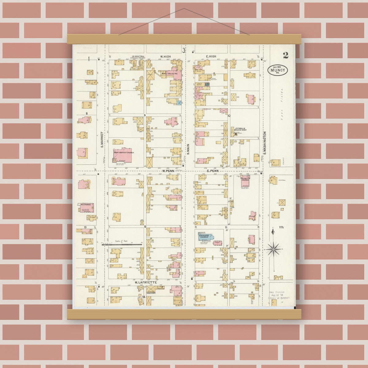 Old map wall art mockup — magnetic wood frame on brick wall — Sanborn Fire Insurance Map from Muncy, Lycoming County, Pennsylvania (1901), Sheet #0002