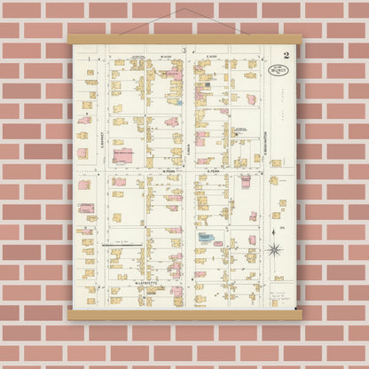 Old map wall art mockup — magnetic wood frame on brick wall — Sanborn Fire Insurance Map from Muncy, Lycoming County, Pennsylvania (1901), Sheet #0002