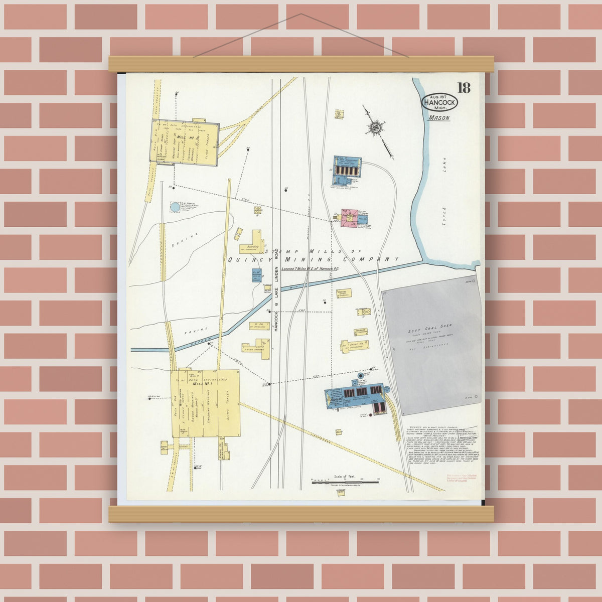 Old map wall art mockup — magnetic wood frame on brick wall — Sanborn Fire Insurance Map from Hancock, Houghton County, Michigan (1917), Sheet #0018