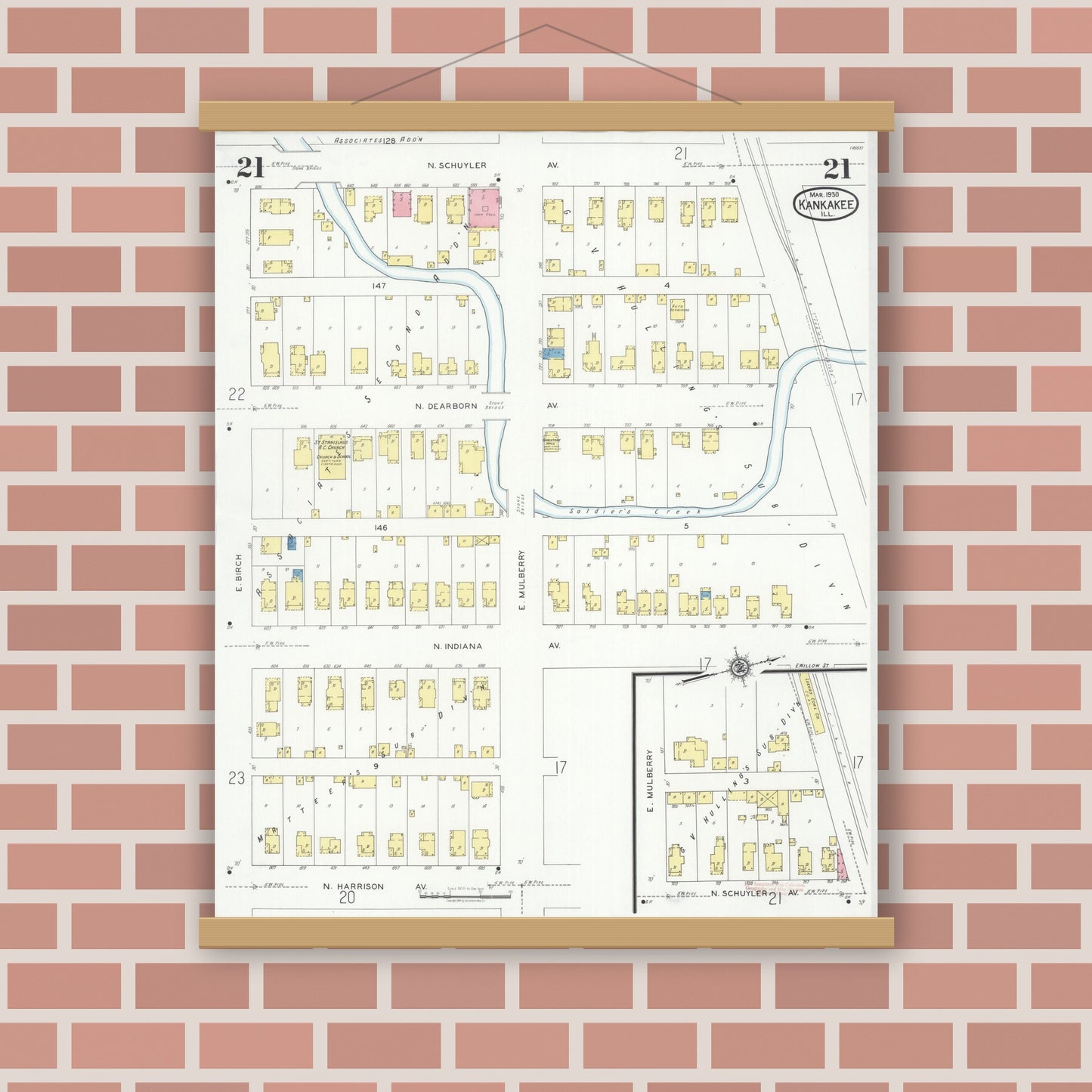 Old map wall art mockup — magnetic wood frame on brick wall — Sanborn Fire Insurance Map from Kankakee, Kankakee County, Illinois (1930), Sheet #0021