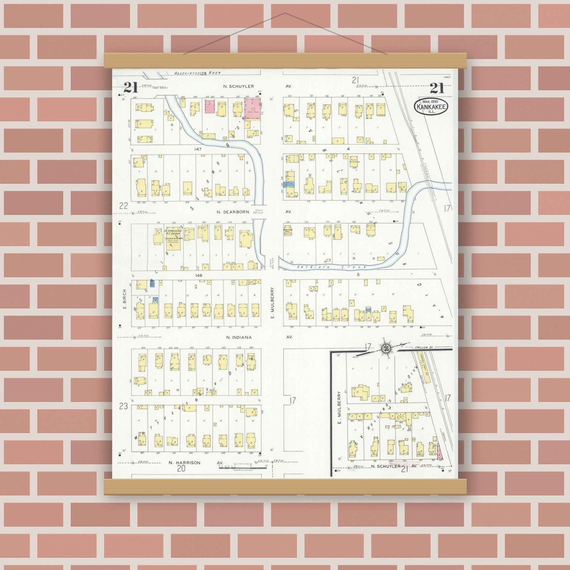 Old map wall art mockup — magnetic wood frame on brick wall — Sanborn Fire Insurance Map from Kankakee, Kankakee County, Illinois (1930), Sheet #0021