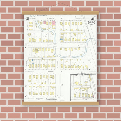 Old map wall art mockup — magnetic wood frame on brick wall — Sanborn Fire Insurance Map from Kankakee, Kankakee County, Illinois (1930), Sheet #0021