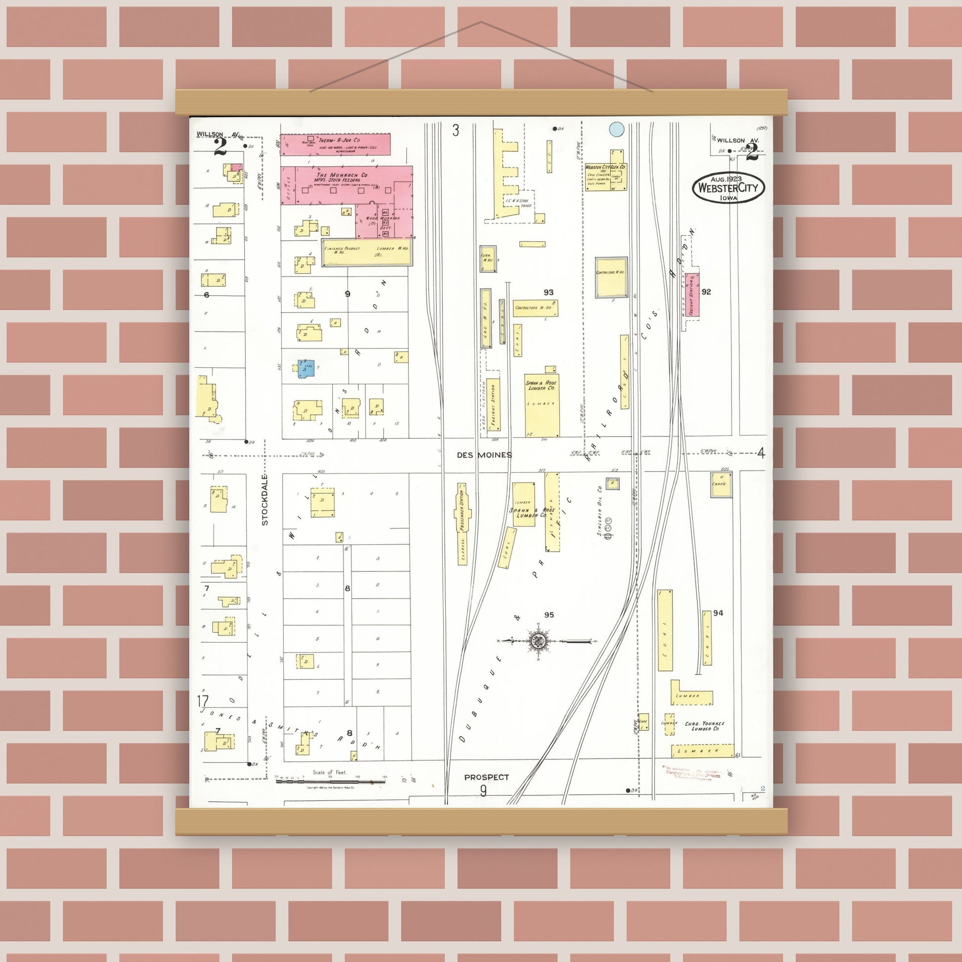 Old map wall art mockup — magnetic wood frame on brick wall — Sanborn Fire Insurance Map from Webster City, Hamilton County, Iowa (1923), Sheet #0002