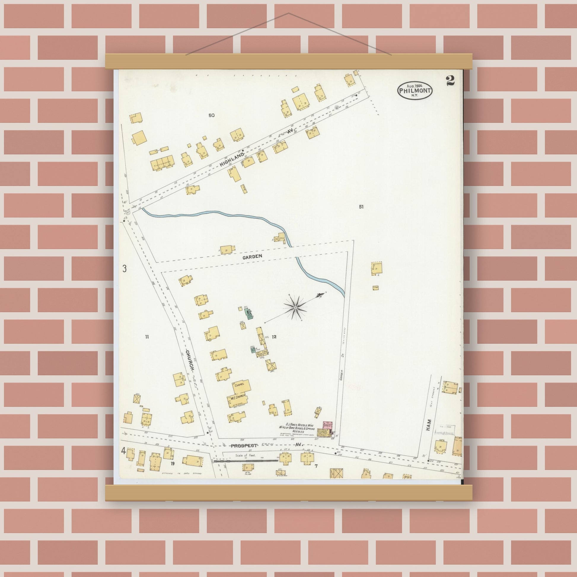 Old map wall art mockup — magnetic wood frame on brick wall — Sanborn Fire Insurance Map from Philmont, Columbia County, New York (1904), Sheet #0002