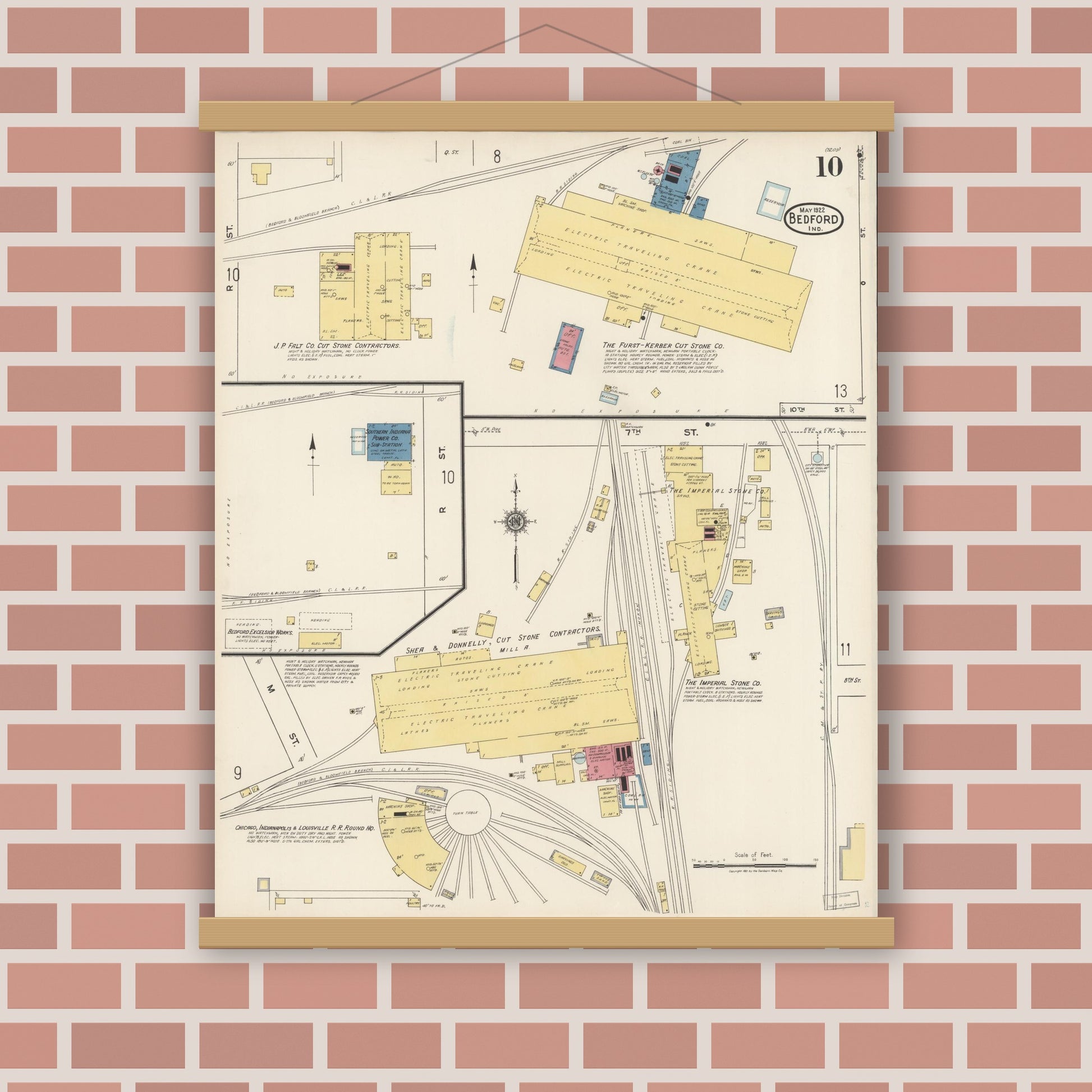 Old map wall art mockup — magnetic wood frame on brick wall — Sanborn Fire Insurance Map from Bedford, Lawrence County, Indiana (1922), Sheet #0010