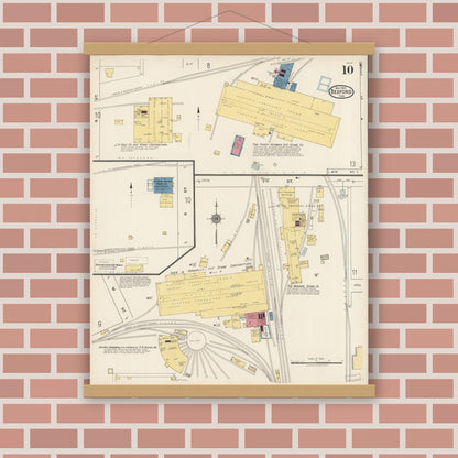 Old map wall art mockup — magnetic wood frame on brick wall — Sanborn Fire Insurance Map from Bedford, Lawrence County, Indiana (1922), Sheet #0010