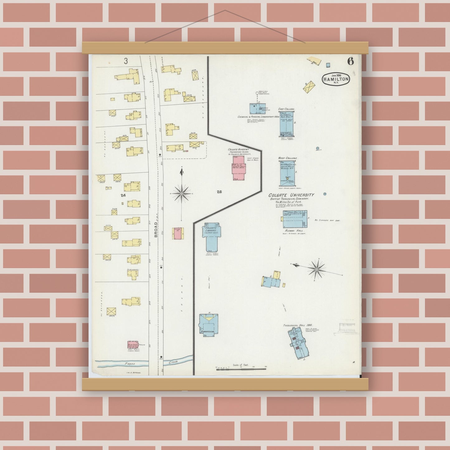 Old map wall art mockup — magnetic wood frame on brick wall — Sanborn Fire Insurance Map from Hamilton, Madison County, New York (1896), Sheet #0006
