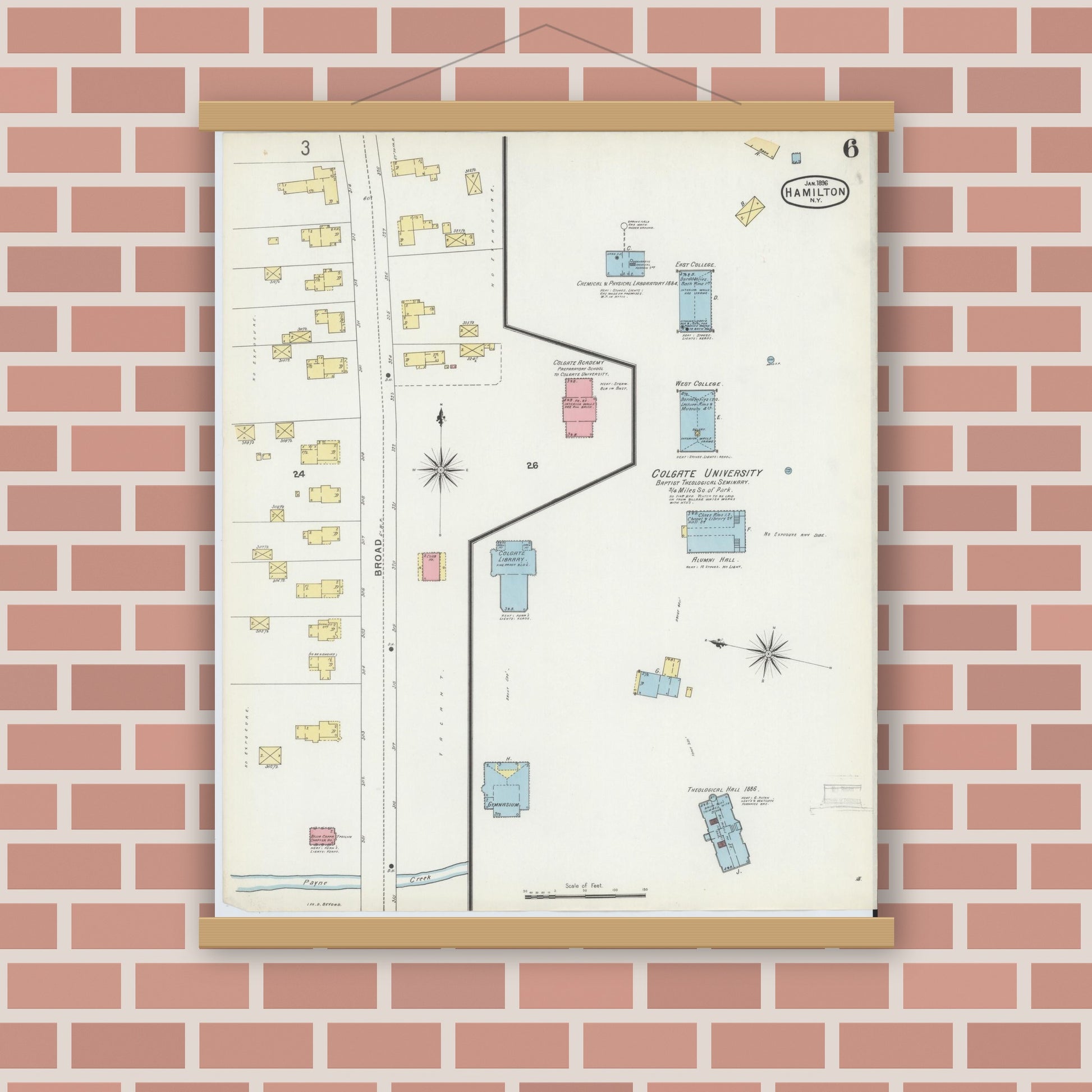 Old map wall art mockup — magnetic wood frame on brick wall — Sanborn Fire Insurance Map from Hamilton, Madison County, New York (1896), Sheet #0006