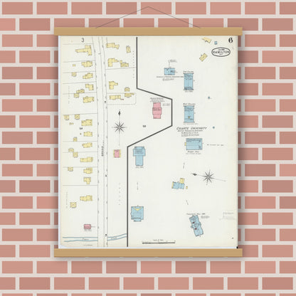 Old map wall art mockup — magnetic wood frame on brick wall — Sanborn Fire Insurance Map from Hamilton, Madison County, New York (1896), Sheet #0006