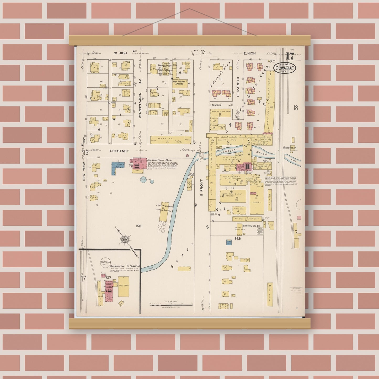Old map wall art mockup — magnetic wood frame on brick wall — Sanborn Fire Insurance Map from Dowagiac, Cass County, Michigan (1922), Sheet #0017