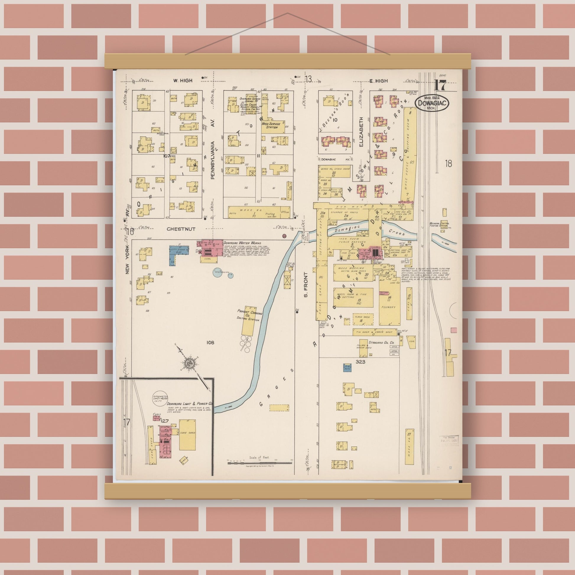 Old map wall art mockup — magnetic wood frame on brick wall — Sanborn Fire Insurance Map from Dowagiac, Cass County, Michigan (1922), Sheet #0017