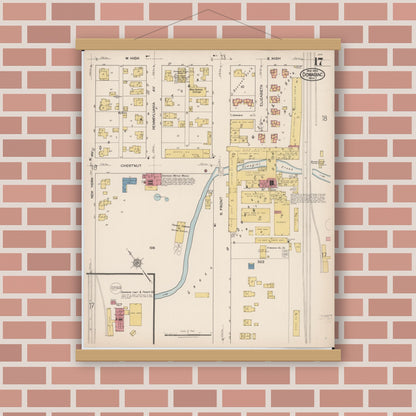 Old map wall art mockup — magnetic wood frame on brick wall — Sanborn Fire Insurance Map from Dowagiac, Cass County, Michigan (1922), Sheet #0017