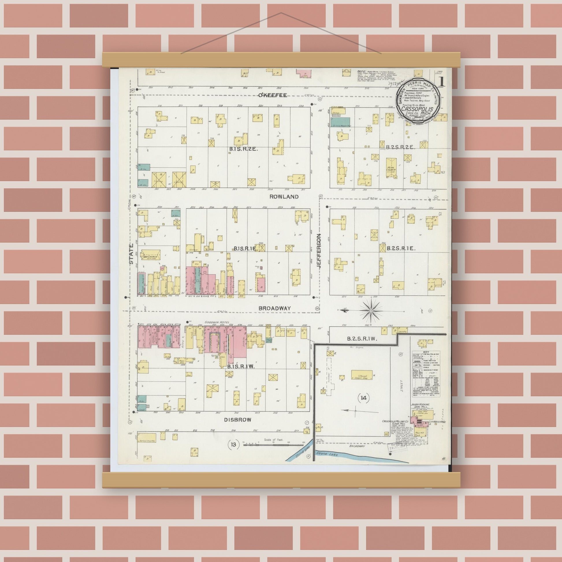 Old map wall art mockup — magnetic wood frame on brick wall — Sanborn Fire Insurance Map from Cassopolis, Cass County, Michigan (1892) - Complete Map Set