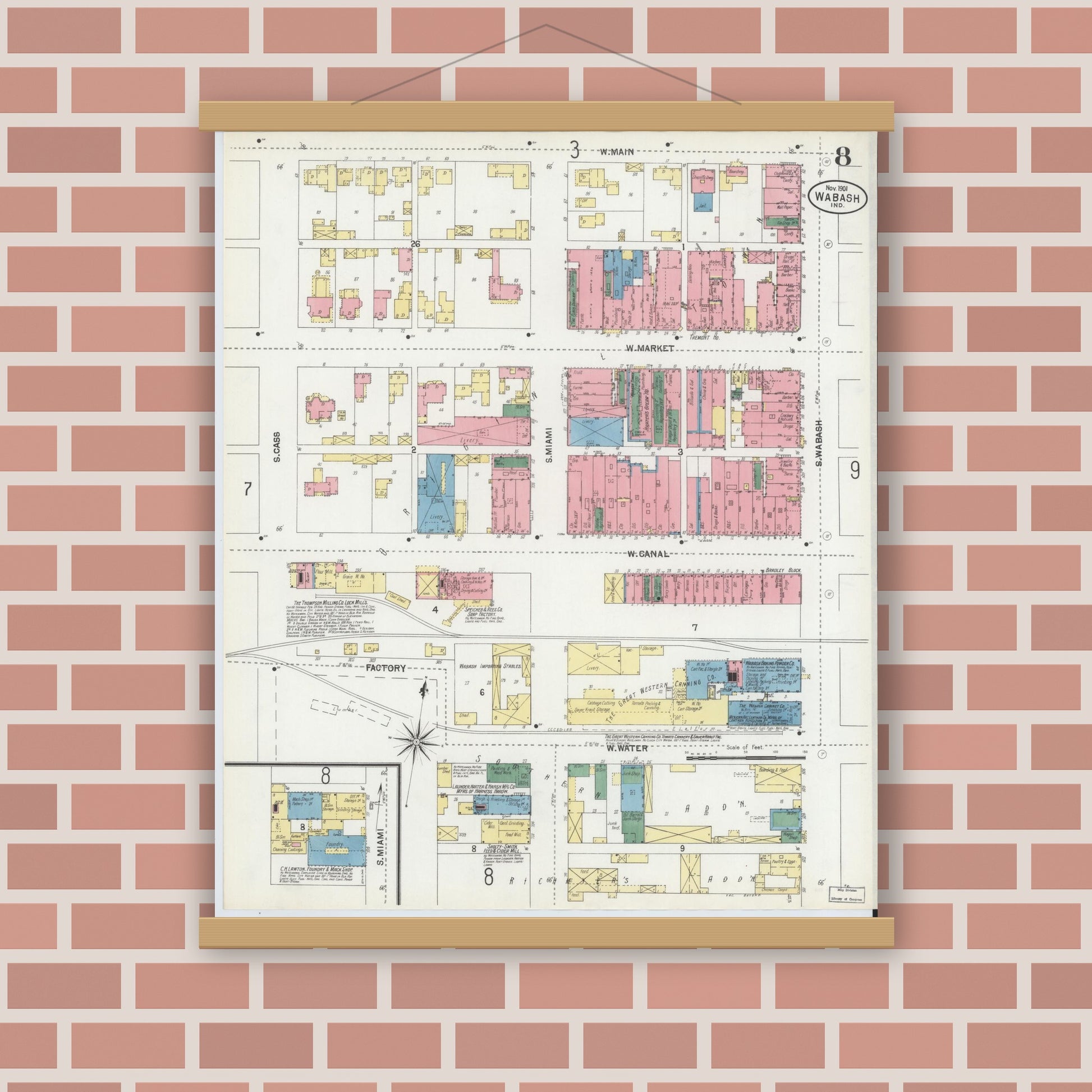 Old map wall art mockup — magnetic wood frame on brick wall — Sanborn Fire Insurance Map from Wabash, Wabash County, Indiana (1901), Sheet #0008