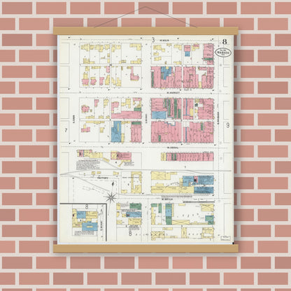 Old map wall art mockup — magnetic wood frame on brick wall — Sanborn Fire Insurance Map from Wabash, Wabash County, Indiana (1901), Sheet #0008