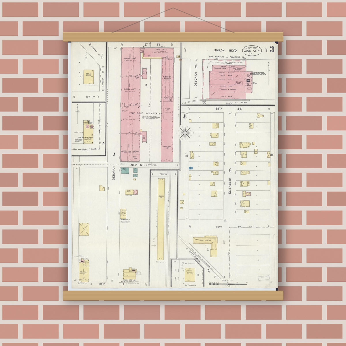 Old map wall art mockup — magnetic wood frame on brick wall — Sanborn Fire Insurance Map from Zion, Lake County, Illinois (1907), Sheet #0003