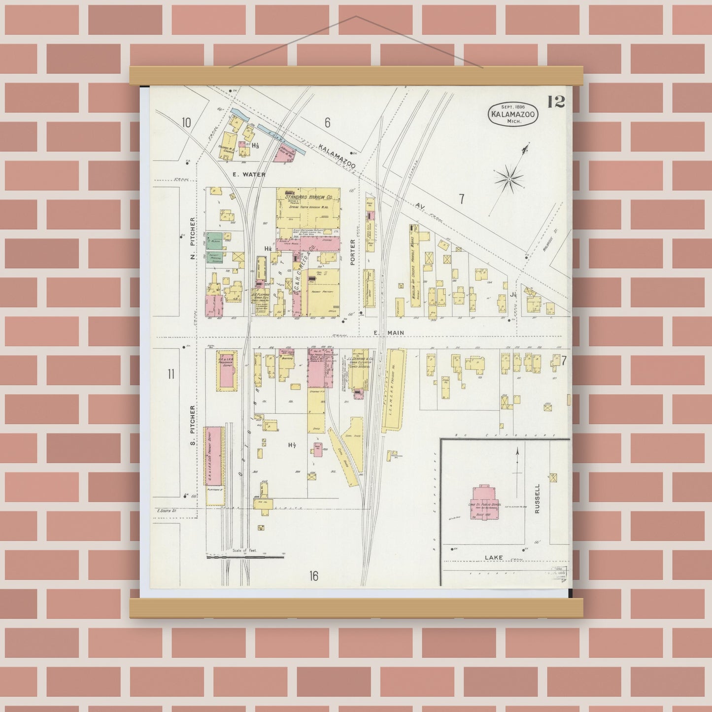 Old map wall art mockup — magnetic wood frame on brick wall — Sanborn Fire Insurance Map from Kalamazoo, Kalamazoo County, Michigan (1896), Sheet #0012