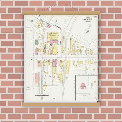 Old map wall art mockup — magnetic wood frame on brick wall — Sanborn Fire Insurance Map from Kalamazoo, Kalamazoo County, Michigan (1896), Sheet #0012