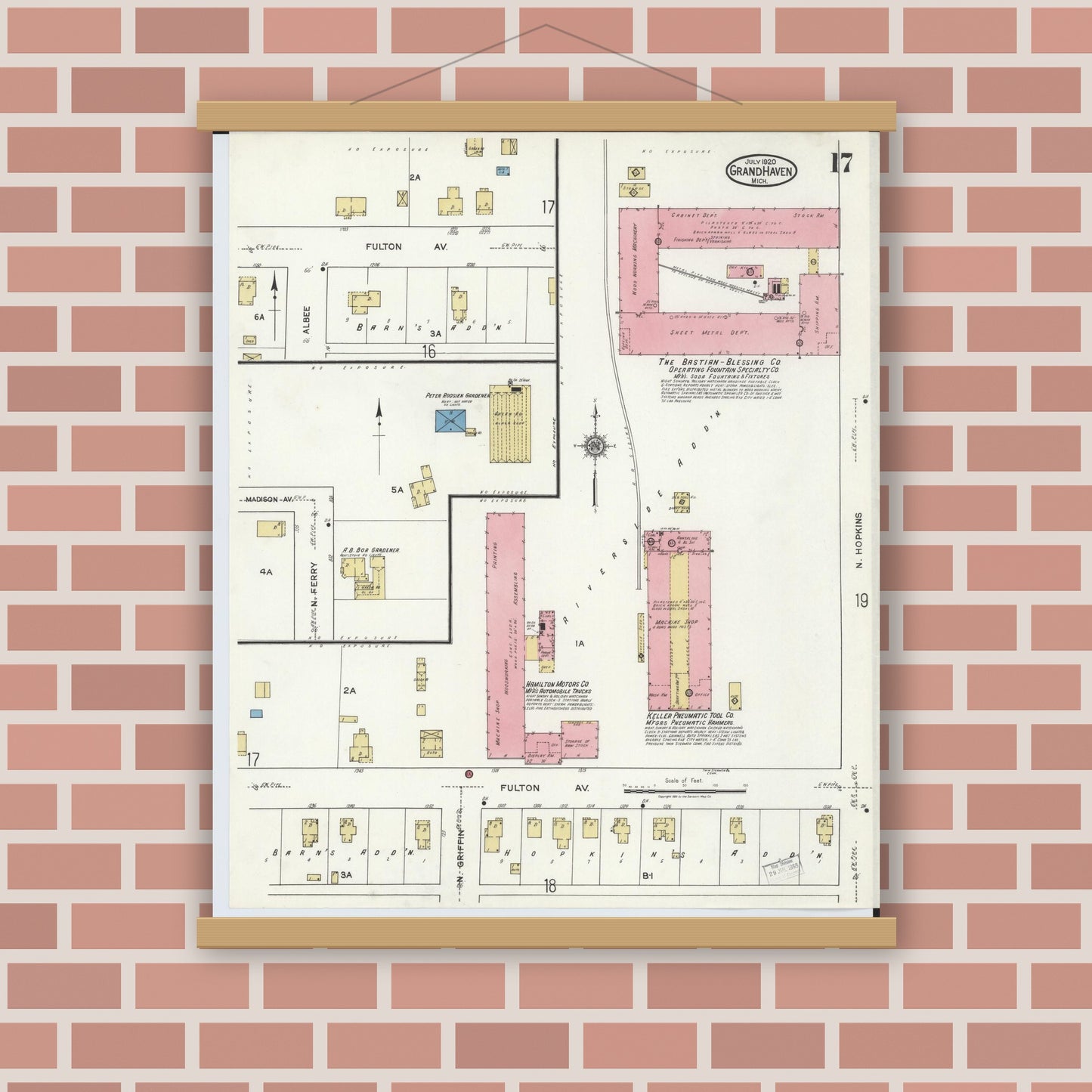 Old map wall art mockup — magnetic wood frame on brick wall — Sanborn Fire Insurance Map from Grand Haven, Ottawa County, Michigan (1920), Sheet #0017