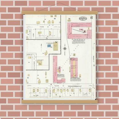 Old map wall art mockup — magnetic wood frame on brick wall — Sanborn Fire Insurance Map from Grand Haven, Ottawa County, Michigan (1920), Sheet #0017