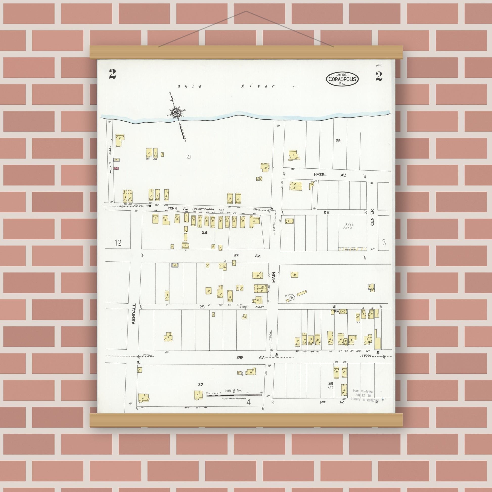 Old map wall art mockup — magnetic wood frame on brick wall — Sanborn Fire Insurance Map from Coraopolis, Allegheny County, Pennsylvania (1924), Sheet #0002